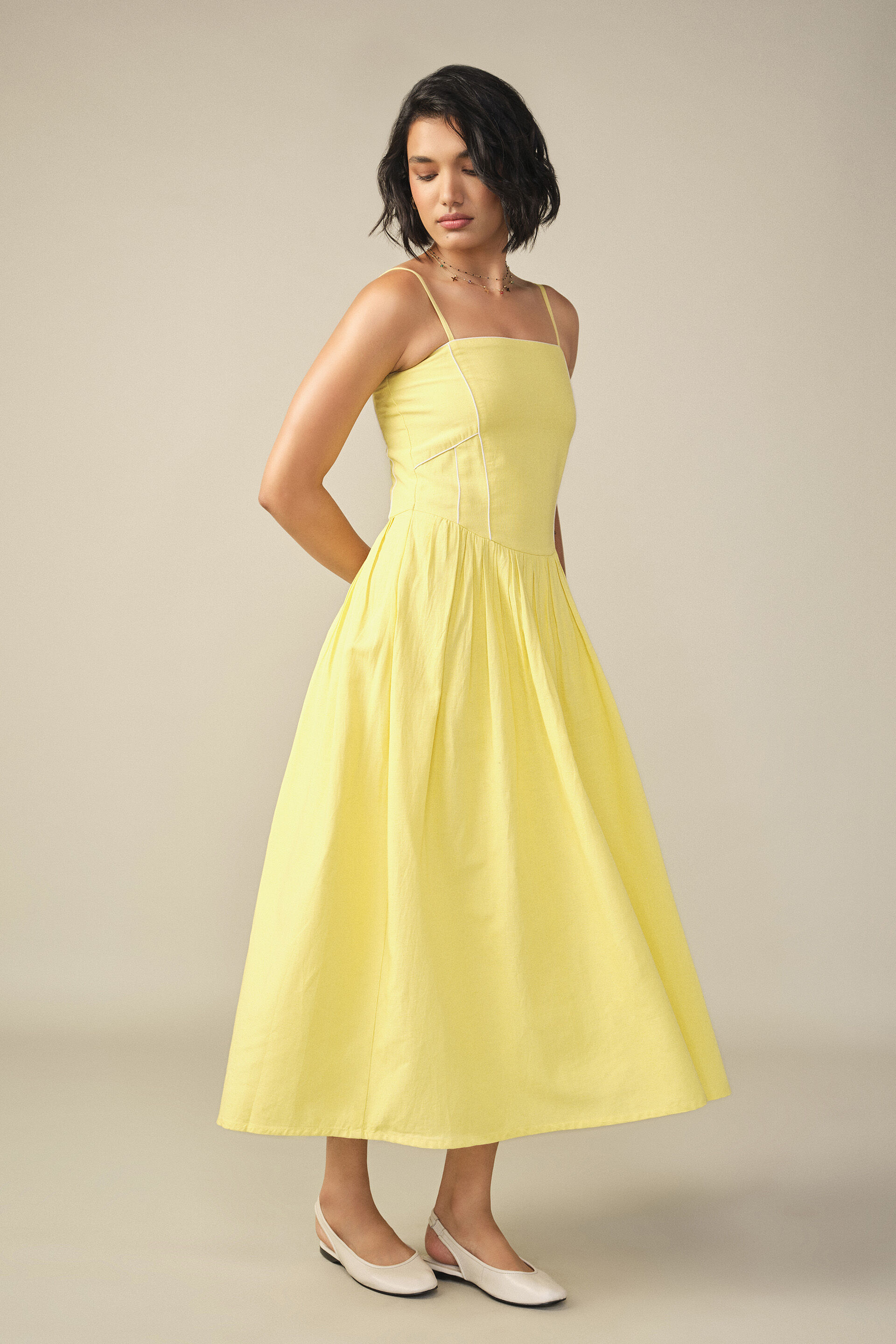 Drop Waist Midi Dress in Yellow, Yellow, image 3